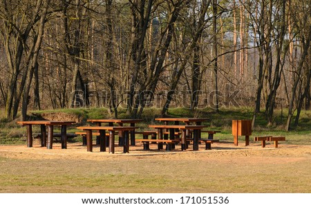Picnic area with tables and benches in the park