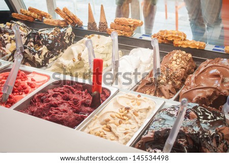Different ice-creams in ice-cream shop