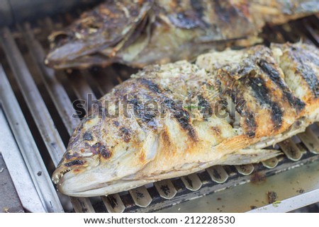 Barbecue fish on grill closeup