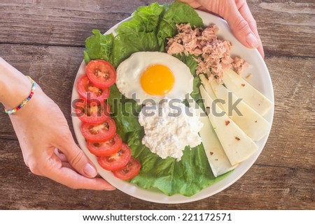 Hands holding plate with prepared breakfast, from above
