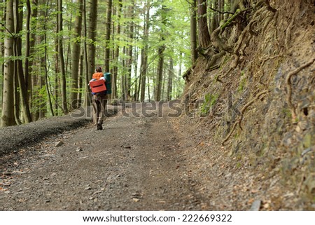 View of woman tourist going on the road in forest with perspective