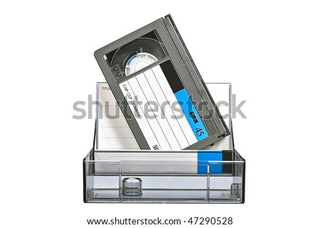 VHS video cassette with transparent plastic case. Isolated close-up image on white background