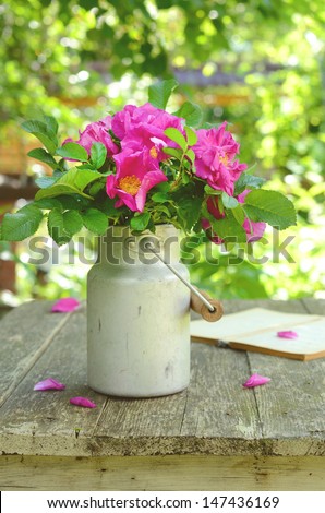 Dog rose bunch in old aluminum milk can on rusted garden table