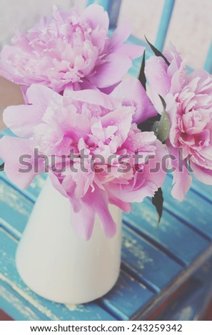 Tenderly rose peony in white metal jug with drops of water after the rain, on shabby blue chair