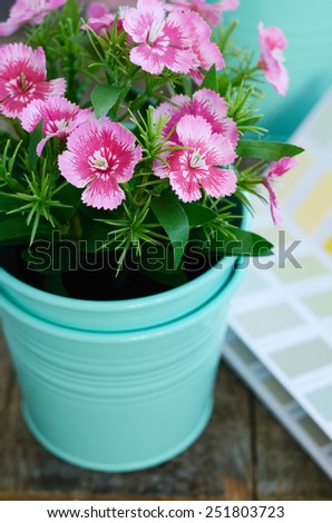 Spring pink flower in mint flower pot on rustic wooden table