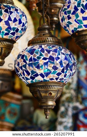 Blue turkish mosaic lanterns at street market in Istanbul