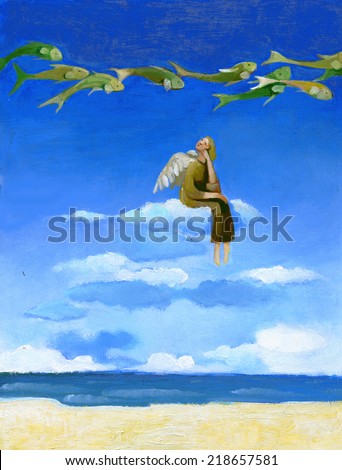 angel sitting on a cloud watching the fish pass in the sky