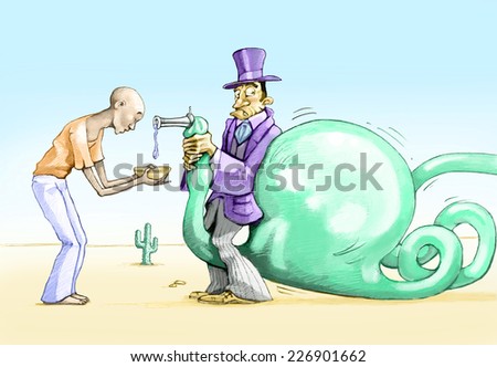 holds a rich man closes the barrel of water so as not to drink a young black man, but behind him inflating a huge bubble that burst the overwhelm