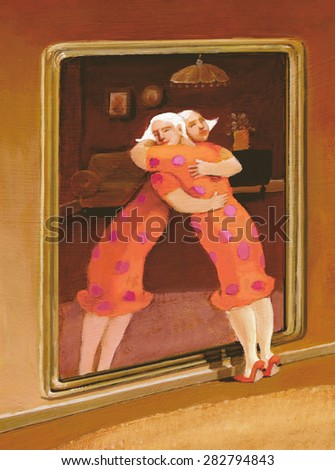 a woman embraces her image in the mirror