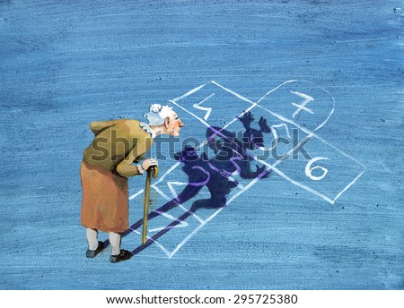 an elderly lady watching the game designed on the road, sees his shadow become a girl who jumps in the game