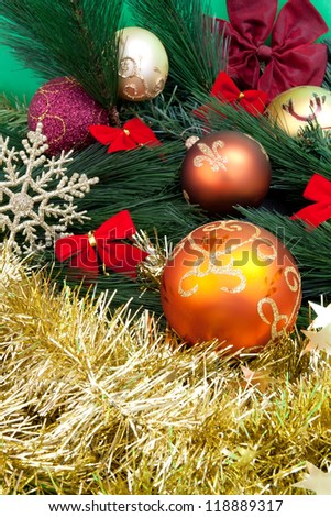 Christmas decorations. Colorful balls with copy paste space.