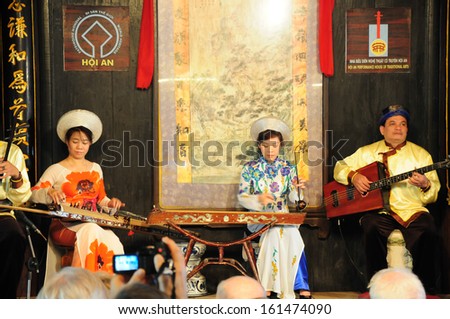 HOIAN, VIETNAM, JANUARY 21: Vietnamese artists perform traditional music on January 21, 2013 in Hoian, Vietnam. Hoian is recognized as a World Heritage Site by UNESCO.