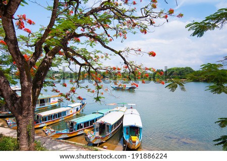 A boat station at Perfume River (Song Huong) near Thien Mu pagoda, Hue, Vietnam