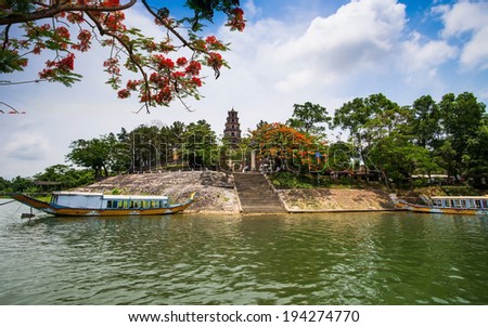 HUE, VIETNAM, MAY 2: Thien Mu pagoda near Perfume river on May 2, 2014 in Hue, Vietnam. Hue, a UNESCO World Heritage site.
