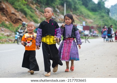MOCCHAU, VIETNAM, SEPT 2: Unidentified H\'mong ethnic minority children in a festival on September 2, 2014 in Mocchau, Vietnam. This is biggest festival of H\'mong ethnic minority people.