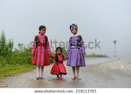 MOCCHAU, VIETNAM, SEPT 2: Unidentified H\'mong ethnic minority children in a festival on September 2, 2014 in Mocchau, Vietnam. This is biggest festival of H\'mong ethnic minority people.