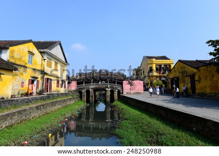 HOIAN, VIETNAM-JAN 23:Japanese pagoda (or Bridge pagoda) in Hoi An ancient town at January 23, 2015 in Hoian, Vietnam. Hoian is recognized as a World Heritage Site by UNESCO.