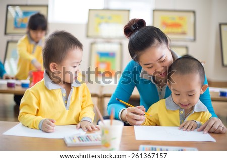 HaNoi, Vietnam, December 23, 2014 unidentified children study painting in kidergarten school students in Hanoi, Vietnam
