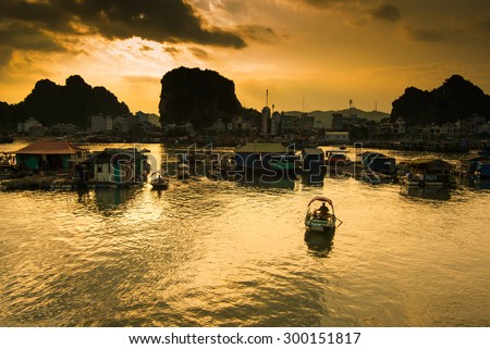 QUANGNINH, VIETNAM, July 12, 2015. Sunset in Halong bay. Halongbay is World Natural Heritage of Quang Ninh, Vietnam.