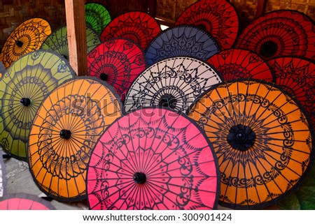 Traditional handicraft umbrellas are sold in a shop in Bagan, Myanmar