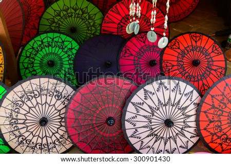Traditional handicraft umbrellas are sold in a shop in Bagan, Myanmar