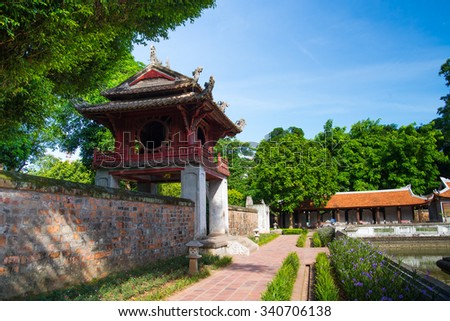 HANOI, VIETNAM, JUL 12: A view of the temple of Literature on July 12, 2014 in Hanoi, Vietnam. The temple of Literature, built in 1070, is the first Vietnamese university.