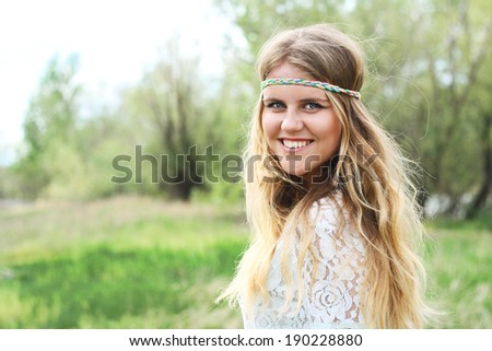 Romantic happy young woman closeup portrait in style hippie outdoor spring summer.