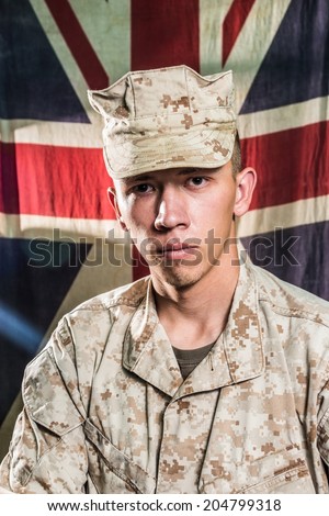 Man in military uniform on UK flag background