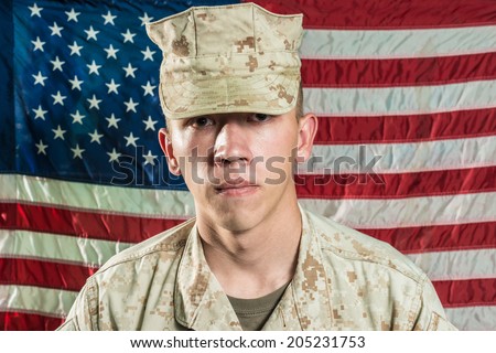 Man in military uniform on USA flag background
