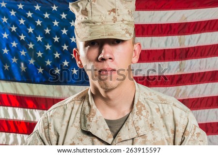 Man in military uniform on USA flag background portrait