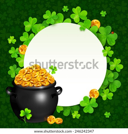 Vector black pot of magic gold on clovers circle background Vector black pot of magic gold on clovers circle background