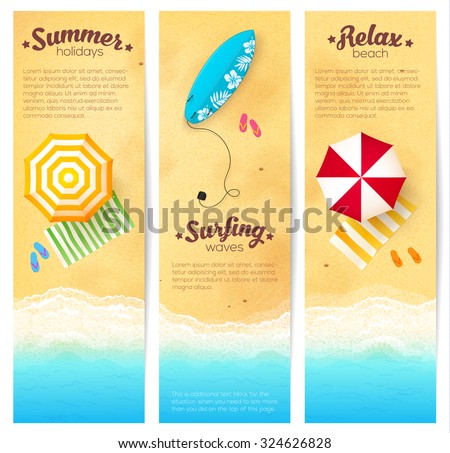 Set of vector summer travel banners with beach umbrellas, waves and surfing board