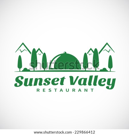 Sunset or Sunrise Valley Abstract Vector Logo Template Isolated. Mountains, Trees, Bushes, Valley and Sun - Dish Cover