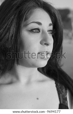 Brunette Woman Head shot in Black and White close up