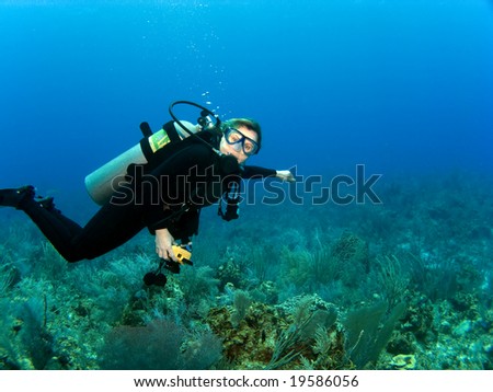 Horizontal Scuba Diver with Copy Space on a Caribbean Reef