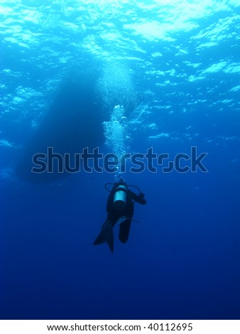 Lone Scuba Diver swimming back to the Boat in Kona Hawaii