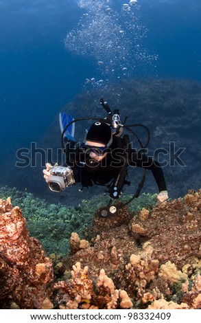 Scuba Diver Photographing the Coral in Hawaii