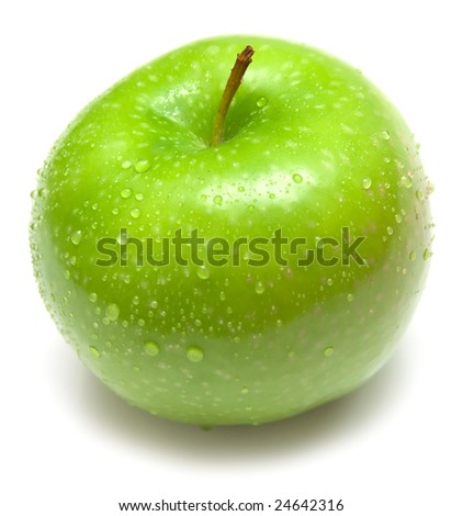 wet green apple covered by water drops on white background. Isolation