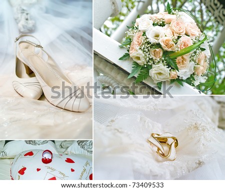 Bridal shoes wedding bouquet rings and beige dress