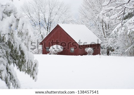 Red snow covered barn, Stowe, Vermont, USA