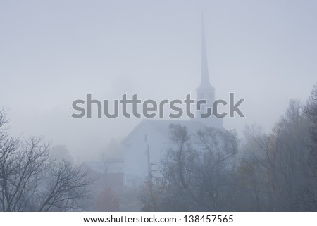 Stowe Community Church on a foggy morning, Stowe, Vermont, USA