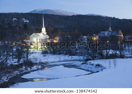 Stowe Community Church at dusk, Stowe, Vermont, USA