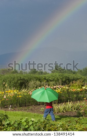 Young girl walking under a rainbow with an umbrella during a sun shower.