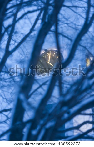 Looking through trees at a clock on the Stowe Community Church steeple, Stowe, Vermont, USA