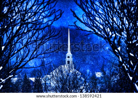Stowe Community Church in the winter, Stowe, Vermont, USA