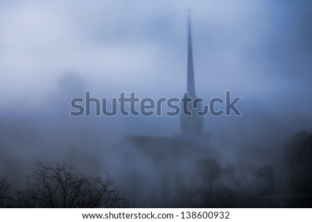 Stowe Community Church in the fog, Stowe, Vermont, USA