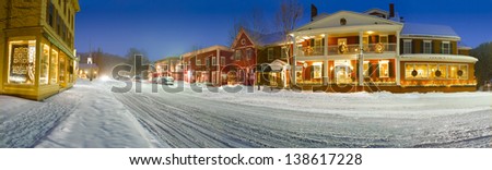Digitally enhanced winter panorama of downtown new england village, Stowe, Vermont, USA