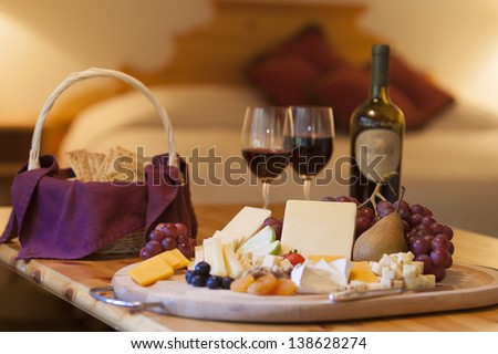 Wine, cheese and grapes for a snack in a luxurious hotel room, Stowe, Vermont, USA