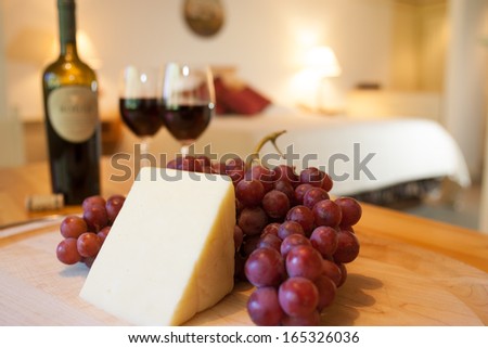 Wine, Cheese And Grapes For A Snack In A Luxurious Hotel Room, Stowe, Vermont, Usa
