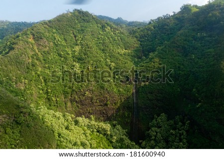 Overlooking a tall waterfall in Waimea Canyon State Park on the island of Kauai, Hawaii, USA, nicknamed the Grand Canyon of the Pacific.